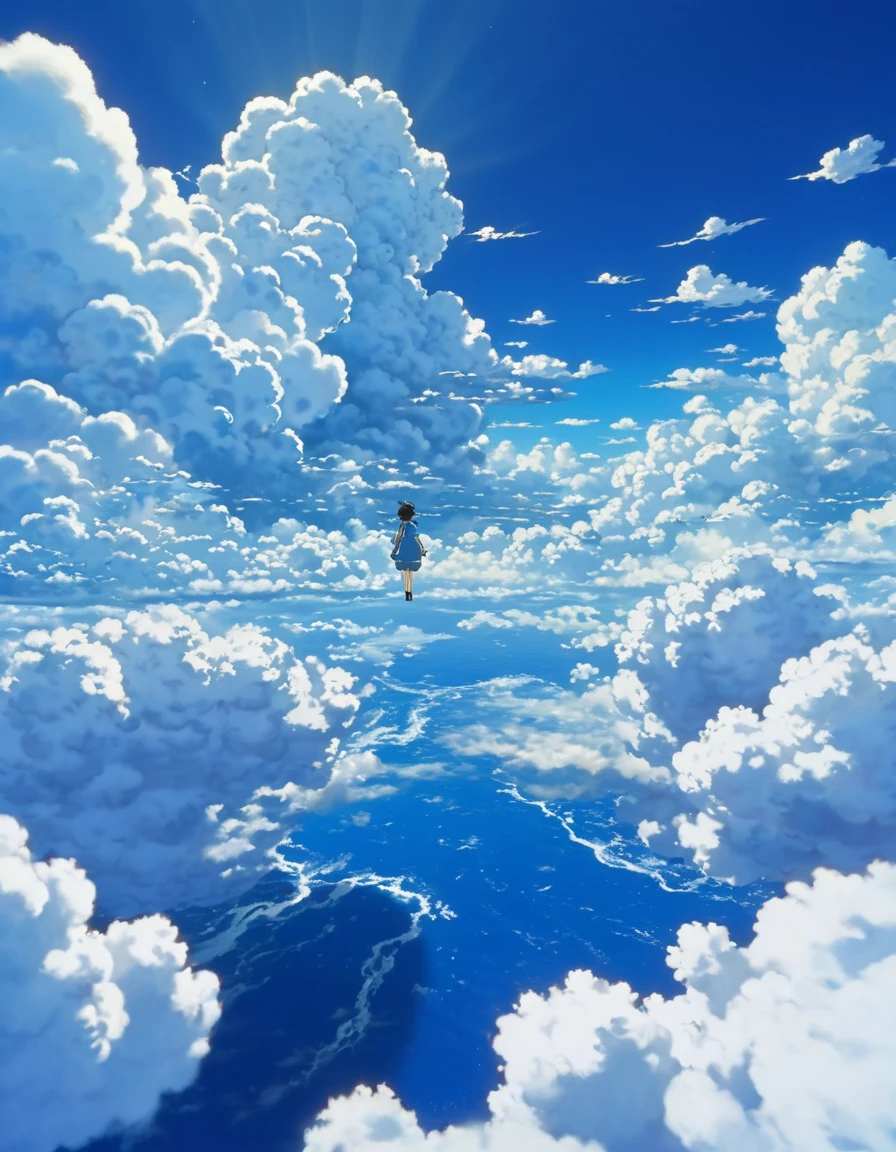 Masterpiece 8k Studio Ghibli anime!!!!     A single figure floats serenely in a vast, deep blue sky filled with enormous, Highly detailed cumulus clouds. The scene captures an ethereal moment., with the individual seemingly suspended in the air, surrounded by layers of fluffy white and blue clouds that create a sense of depth and movement. Sunlight filters through the clouds., casting soft shadows and illuminating the various shades of blue and white, adding a dreamlike quality to the image. The overall atmosphere conveys a sense of tranquility., , It's a marvel, as if the person were floating through a boundless world, celestial expanse.
