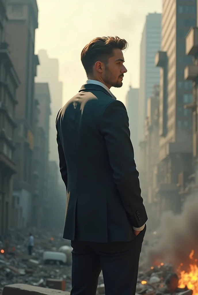 Handsome boy back side view with glasses, destroy city, 5 feet 7 inches height, businessman, stylist car jacket, body fits, medium long stylist normal hair, cinematic, back side view, back side, realities, no face only back side, stylist fitting jacket, destroy everything, medium long hair,tony stark, back,