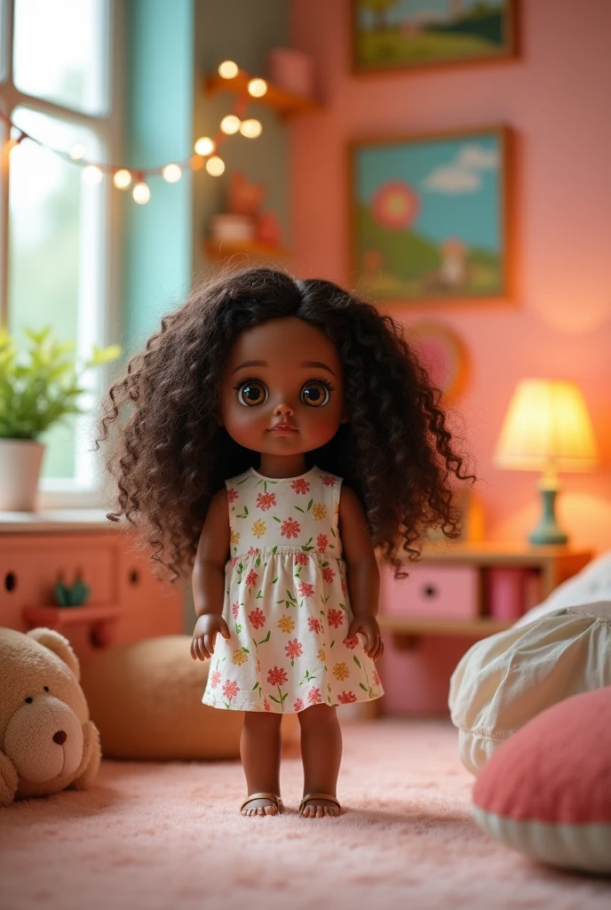 A doll with brown skin, wavy 2c hair and brown eyes