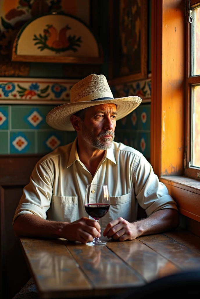 Imagine a Mexican man sitting alone in a bar. The atmosphere is warm and welcoming, with soft lights that illuminate the place. Around it, There are aged wooden tables and typical Mexican decorations., like hats and talavera.
He wears a light cloth shirt and a palm hat.. He has a thoughtful expression on his face., with a slight frown. In his hand, holds a glass of wine, of which he has barely taken a sip. Through a nearby window, the evening light enters gently, adding a golden and melancholic tone to the scene.