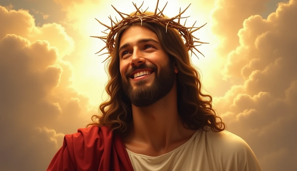 Jesus with a crown of thorns on his head, JesusChrist, the lord and savior, portrait of JesusChrist, Jesus of Nazareth, brilliant light masterpiece, jesus, greg olsen, king of kings, beautiful image already created, Bright halo above your head, sua mente contemplando a eternidade, glorious light,!! jesus SMILING.

