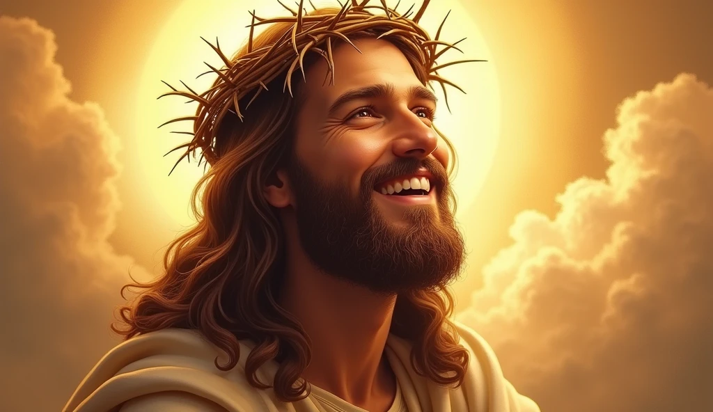 Jesus with a crown of thorns on his head, JesusChrist, the lord and savior, portrait of JesusChrist, Jesus of Nazareth, brilliant light masterpiece, jesus, greg olsen, king of kings, beautiful image already created, Bright halo above your head, sua mente contemplando a eternidade, glorious light,!! jesus SMILING.