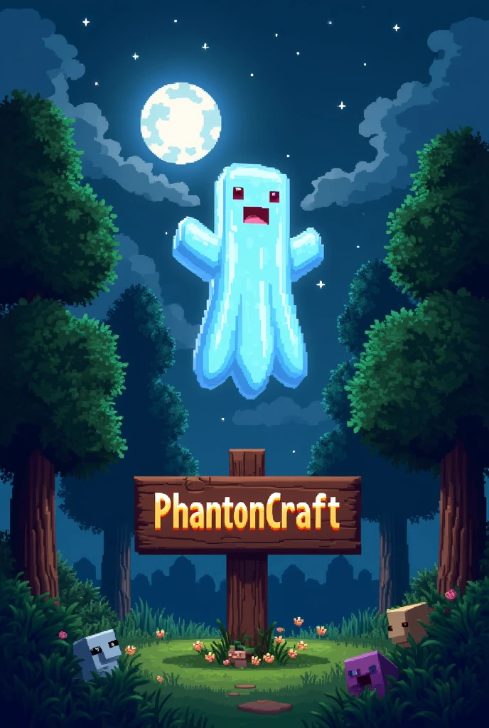 A Minecraft Ghost flying over a sign that says "phantomcraft" at night over a forest