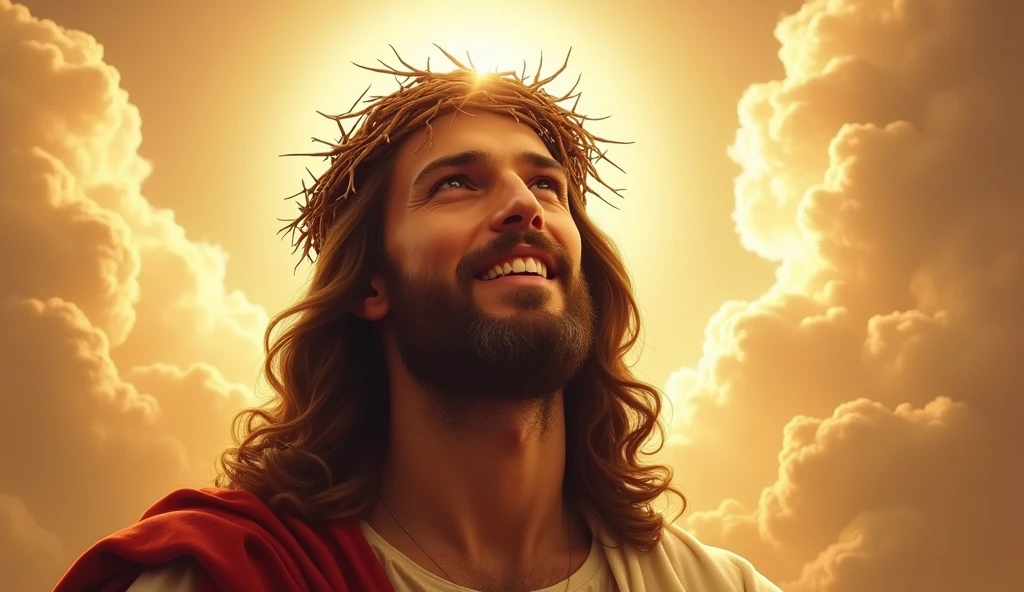 Jesus with a crown of thorns on his head, JesusChrist, the lord and savior, portrait of JesusChrist, Jesus of Nazareth, brilliant light masterpiece, jesus, greg olsen, king of kings, beautiful image already created, Bright halo above your head, sua mente contemplando a eternidade, glorious light,!! jesus SMILING.
