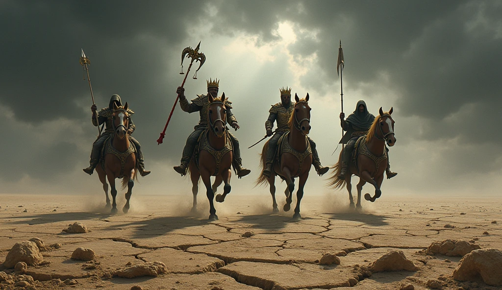 Four horsemen riding across a barren, desolate landscape. Each rider carries a distinct symbol: a crown for conquest, a sword for war, scales for famine, and a scythe for death. The sky above them is dark and ominous, reflecting the chaos they bring.