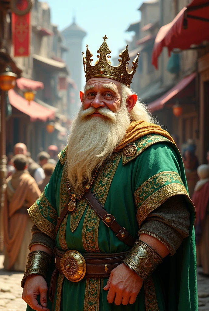 A 60-year-old blonde dwarf, medieval style with a golden crown on his head