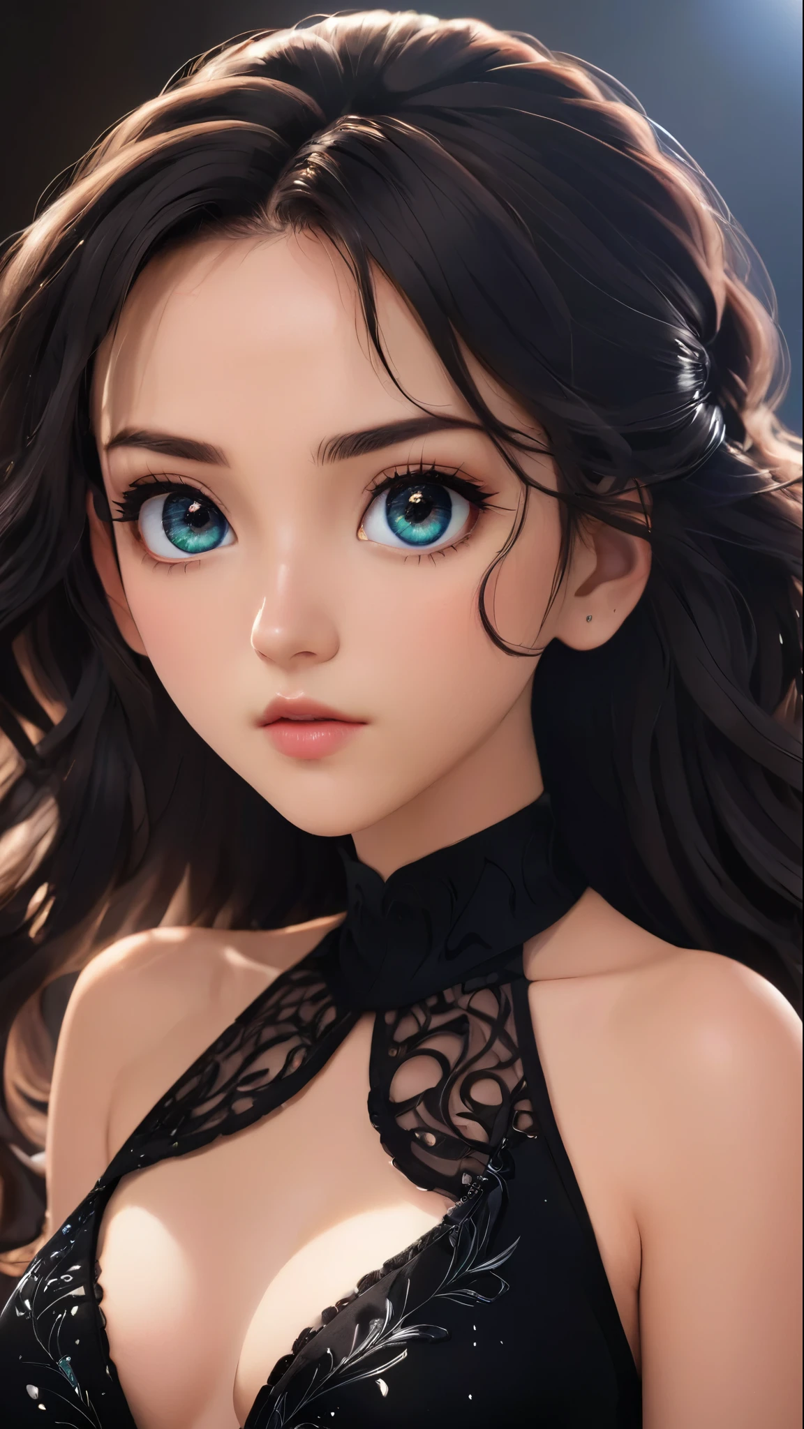 a beautiful anime girl, gorgeous detailed face, big sparkling eyes, long eyelashes, small nose, full lips, flawless skin, long flowing hair, wearing a tight fitting sexy black dress, detailed fabric textures, intricate dress design, posing gracefully, glowing skin, dramatic studio lighting, cinematic composition, vibrant colors, highly detailed, photorealistic, 8k, masterpiece