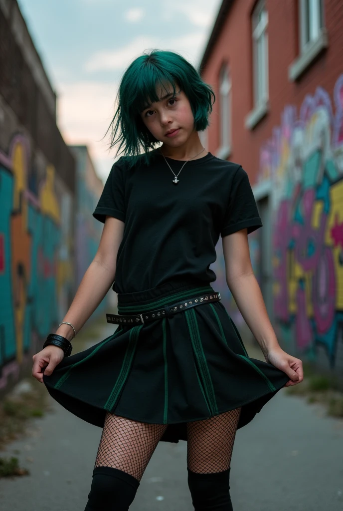 14 year old girl with a black shirt and a black skirt with dark green stripes and black thigh high socks and fishnet leggings and has a thick butt and thicc thighs and she is bending over and her butt is in your face and she has short dark green hair and she is lifting her skirt up and butt is in your face