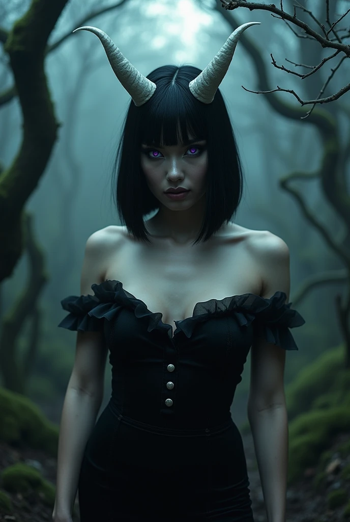 Beautiful demon woman, perfect face, skin as white as snow, black hair in inverted bob, black eyeliner, glowing purple eyes, small white horns. In a haunted forest, wearing a little black dress.