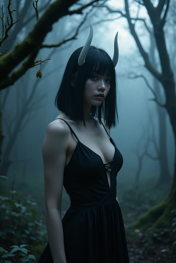 Beautiful demon woman, perfect face, skin as white as snow, black hair in inverted bob, black eyeliner, glowing purple eyes, small white horns, large breasts. In a haunted forest, wearing a little black dress.