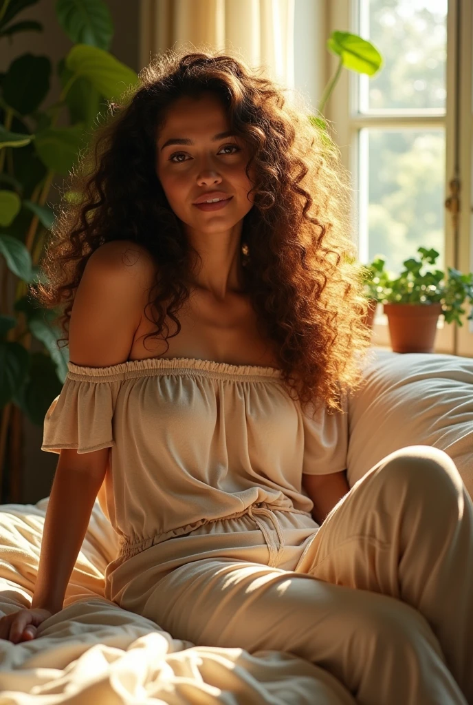 (photorealism:1.2), beautiful woman, sitting on bed, wearing loose off-shoulder top, pajama pants, long curly hair, indoors, soft lighting, plants in background, window with sunlight, cozy room, relaxed pose, realistic, intricate details, warm colors, by Greg Rutkowski, by Alphonse Mucha