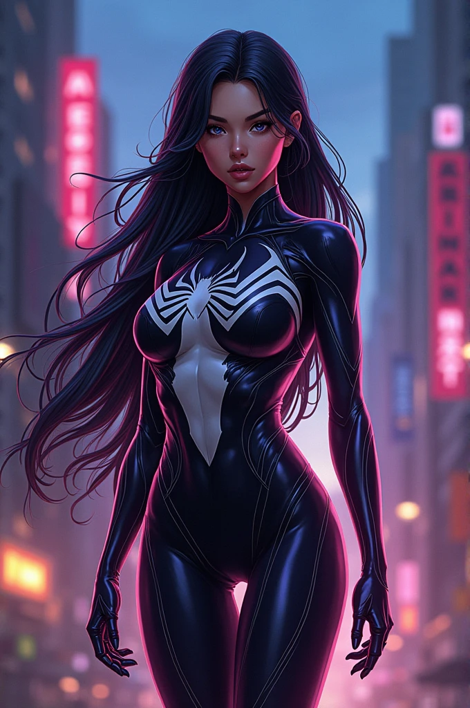 Gorgeous athletic anime girl, long black hair and fused with Venom 