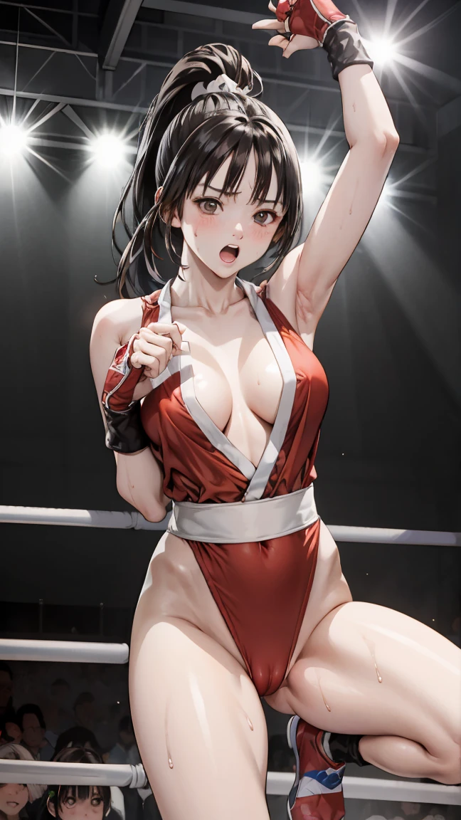 men and women ,expensive,170cm、 (Boxing Ring、Spotlight、Large crowd、Stadium), 、(blush、Open mouth and screaming)、Long Hair、They hesitate,Sweaty body、Wet Hair, Underarm, Big Breasts , (expensive色彩彩度:1.0), (Very detailed肌), (Highest quality:1.0), (Ultra-high resolution:1.0) ,(Realistic:1.0), (Very detailed:1.0), (8k, RAW Photos:1.1)、Boxing Ringの床に座って胸を揉まれる、ponytail、mai shiranui、(Completely naked)、(A man gropes her breasts from behind)、Fighting Pose