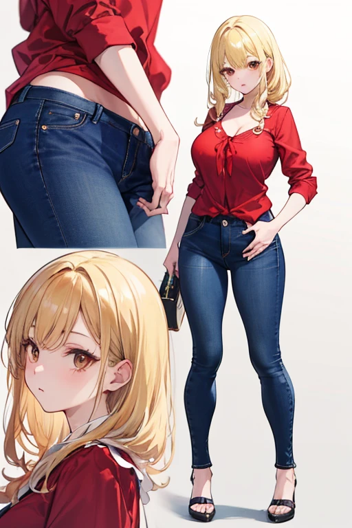 (Best Quality)), ((masterpiece)), (detailed), 1 girl, with tight blue jeans, red strappy blouse, neckline, big breasts, blonde, Chinese hair, Brown eyes,((Whole body)),((Front view)),((sorry))