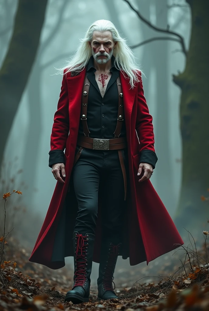 Raise a man. This man will be tall, with pale skin, long, white hair. He will have red eyes, a wistful smile, and a defined jawline. He will be tall and slender, with broad shoulders and a defined physique. He will wear a red overcoat, with a black shirt underneath and some brown straps. His pants will be black, with a belt with small skulls. He will wear black boots, with red laces. There will be bloodstains on your face.