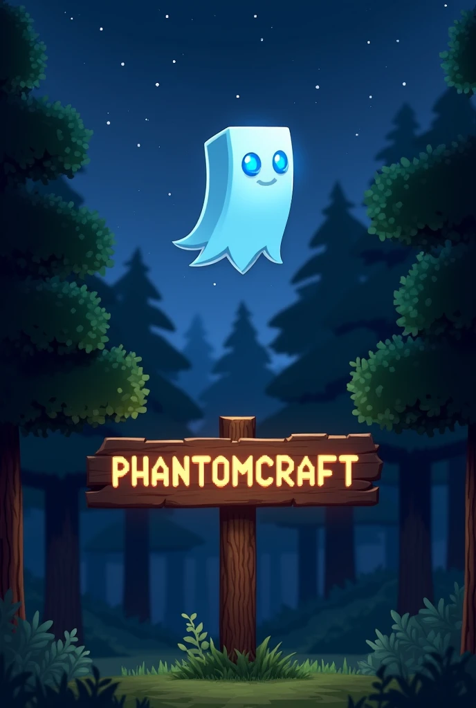 A Minecraft Ghost flying over a sign that says "phantomcraft" at night over a forest