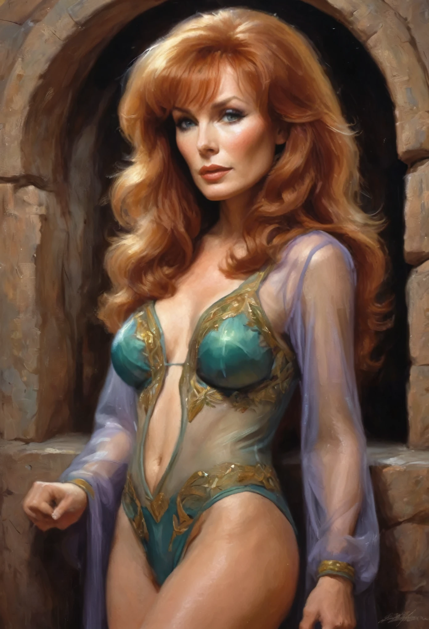 Beverly Crusher(age 25, young and vibrant), elf maiden, (sheer colorful embroidered lingerie no underwear) entranced, entering a mystic chamber with demons crawling up the walls, viewed from low angle, butt focus