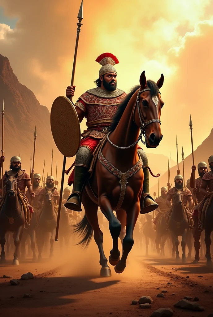 Emperor Menelik II, mounted on a sturdy brown horse, leads his Ethiopian warriors at the Battle of Adwa. Clad in regal battle attire, he grips a shield in his left hand and readies a spear in his right, poised to hurl it with precision. His horse rears majestically, embodying the spirit of resolute leadership and imminent action.