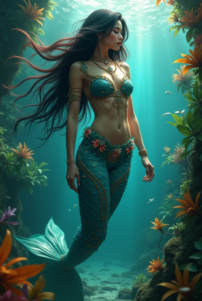a beautiful black and red-haired mermaid-inspired superheroine wearing a tropical-style costume, high-quality detailed illustration, intricate details, vibrant colors, lush foliage background, ray of sunlight, photorealistic, cinematic lighting, masterpiece