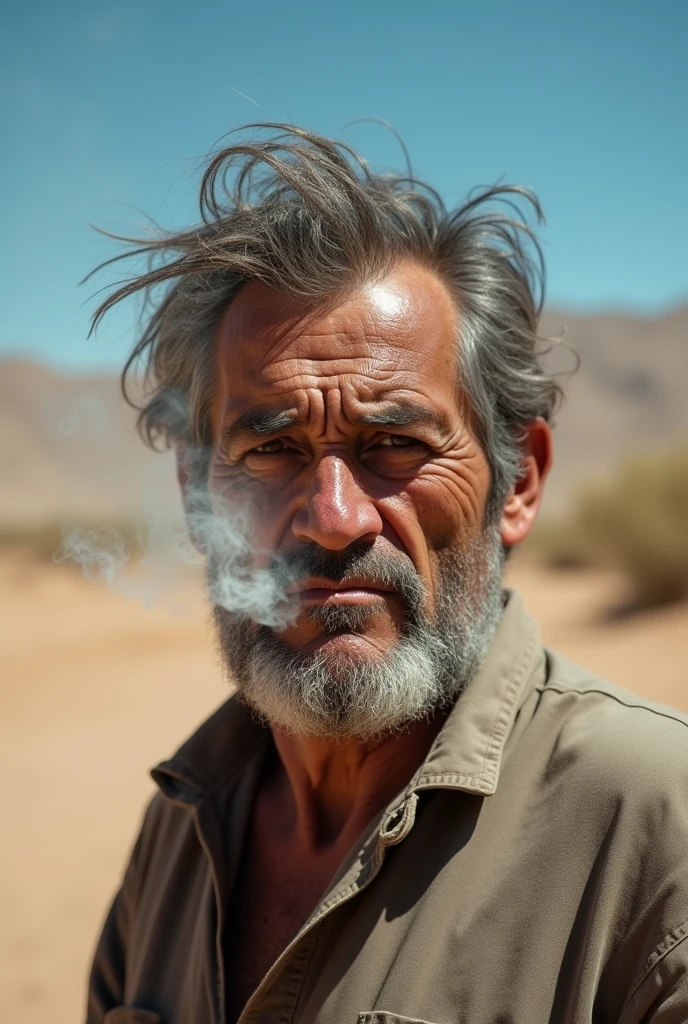 a 57-year-old man,smoker,embittered,teeth and mustache stained with nicotine, wiry hair, Chilean worker in the 1900s in the north of the country, a place with sun and heat, and that he is angry and smoking
