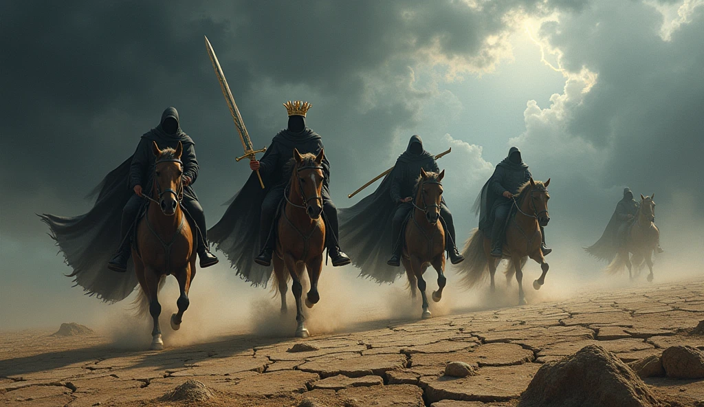Four horsemen riding across a barren, desolate landscape. Each rider carries a distinct symbol: a crown for conquest, a sword for war, scales for famine, and a scythe for death. The sky above them is dark and ominous, reflecting the chaos they bring.