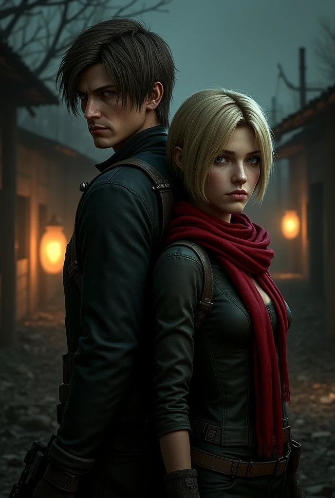Leon hair to the eye, ashley blonde hair short to the cheek,Red scarf,resident evil 4.