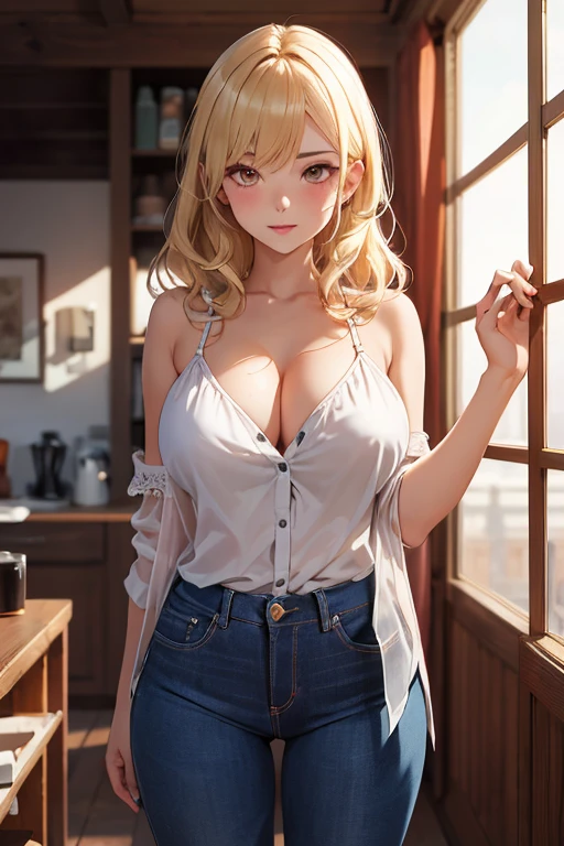 (Best Quality)), ((masterpiece)), (detailed), 1 girl, with tight blue jeans, red strappy blouse, neckline, big breasts, blonde, Chinese hair, Brown eyes,((Whole body)),((Front view)),((in love))