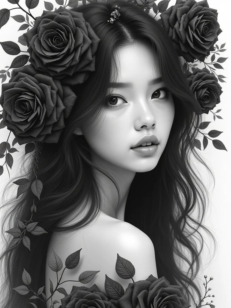 delightful black-and-white sketch (close-up to the waist), a whirlwind of live black roses (small rare dewdrops on delicate petals let in light), a photograph of a beautiful, charming, very sweet young woman with long black hair falling in waves from behind, a three-quarter photograph (looking down from above) in the style of a pencil drawing (looking at the camera over her shoulder), clear facial features, mesmerizing black eyes looking down at the viewer, large pinkish lips, beauty, royalty, clarity, undulation, sharpness and roughness, around her - black live roses in the form of a vine twining around her, many buds of live black roses, filigree technique, a masterpiece of art filled with romance and floral madness of black roses, Matra Bevacqua, Greg Rutkowski, dark botany, dark noir, chiaroscuro, hyperrealism, photorealism, 8k, UHD, raw