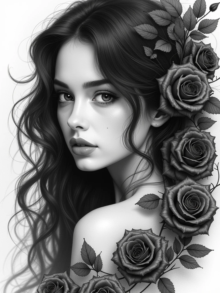 delightful black-and-white sketch (close-up to the waist), a whirlwind of live black roses (small rare dewdrops on delicate petals let in light), a photograph of a beautiful, charming, very sweet young woman with long black hair falling in waves from behind, a three-quarter photograph (looking down from above) in the style of a pencil drawing (looking at the camera over her shoulder), clear facial features, mesmerizing black eyes looking down at the viewer, large pinkish lips, beauty, royalty, clarity, undulation, sharpness and roughness, around her - black live roses in the form of a vine twining around her, many buds of live black roses, filigree technique, a masterpiece of art filled with romance and floral madness of black roses, Matra Bevacqua, Greg Rutkowski, dark botany, dark noir, chiaroscuro, hyperrealism, photorealism, 8k, UHD, raw