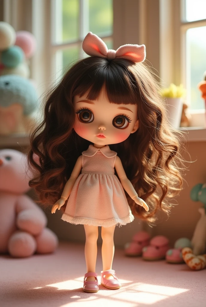 uma boneca blythe, with fair skin, brown and wavy hair, eyes browns