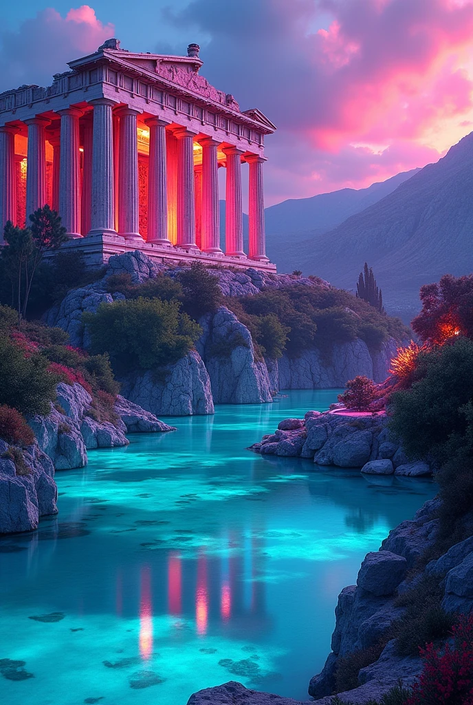 Greek architecture and landscape with intense neon colors 