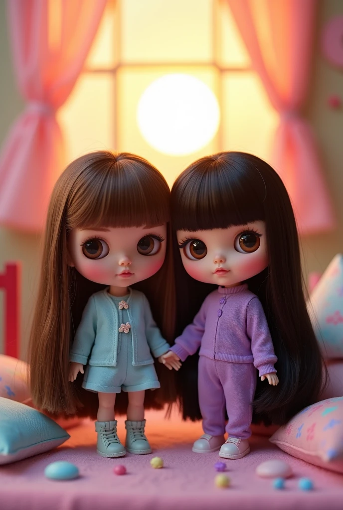 two blythe dolls, one with straight, long hair, no bangs, Dark brown hair, light brown eyes, smiling y de mirada tierna, with light blue clothes ther blythe doll with black hair, With bangs, dark brown eyes, smiling, tender look and purple clothes, both with long hair and prettier
The one with brown hair without bangs, They are the most beautiful and cute, and they are friends, the one with brown hair no bangs, no bangs, no bangs, no hair on the forehead, pelo cafe NOT BANGS