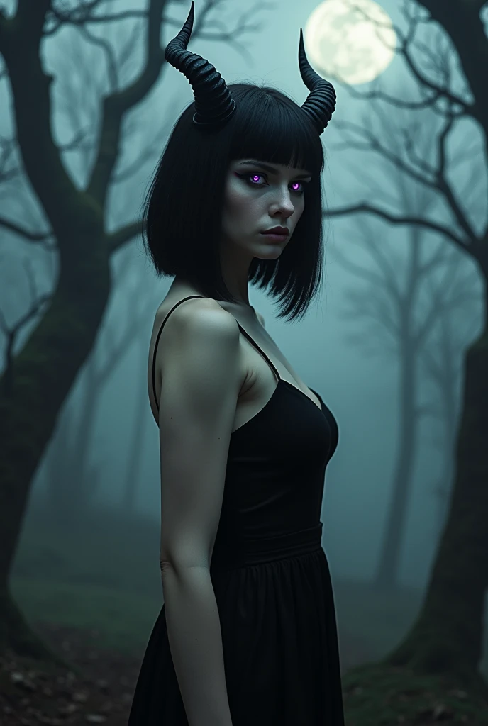Beautiful demon woman, perfect face, skin as white as snow, black hair in inverted bob, black eyeliner, glowing purple eyes, small white horns, large breasts. In a haunted forest, wearing a little black dress.