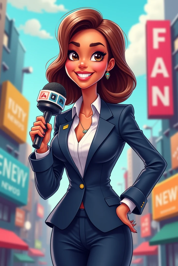 journalist in suit looking straight ahead with microphone, happy in cartoon