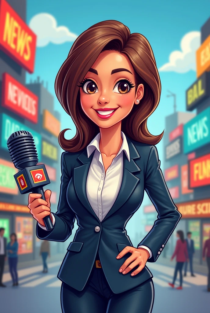 journalist in suit looking straight ahead with microphone, happy in cartoon