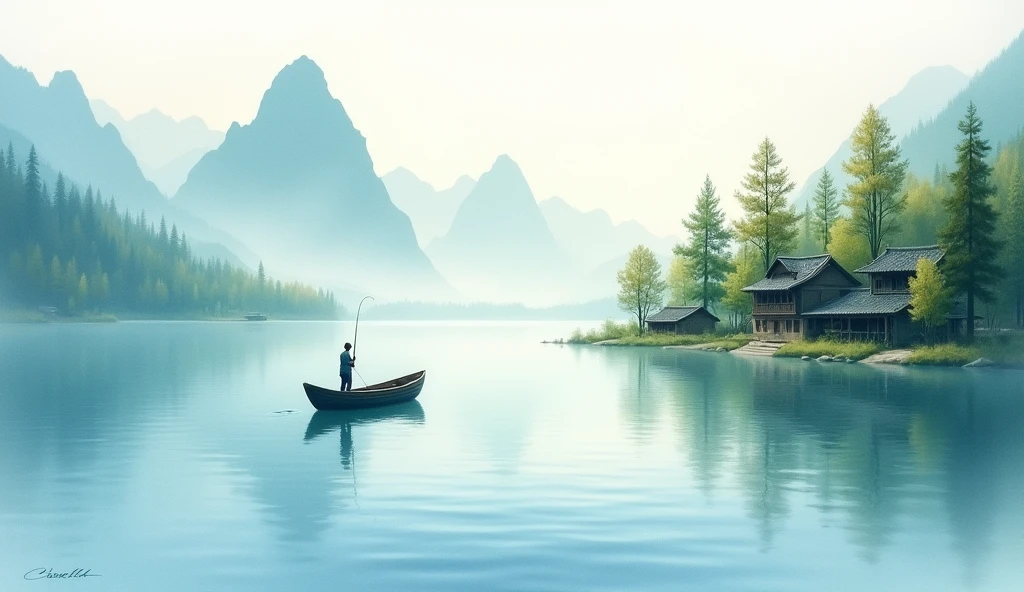 Delicate, soft watercolor style，Clear water，Clarity，White Space，Ink Rendering，Light, ethereal white，Beautiful distant mountains+Light boat+Fisherman+Trees and tiled houses、.Soft background.More dreamy and ethereal atmosphere.Cover the screen.More obvious gradation.Bokeh effect