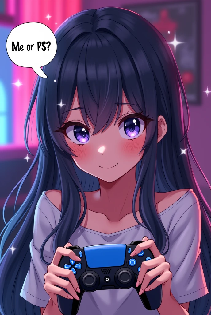 Anime girl, staring at you, With a Pervert face, With a floating bubble saying: me or PS5 , Nice details, she holding a controller of the ps5 To provoke the user