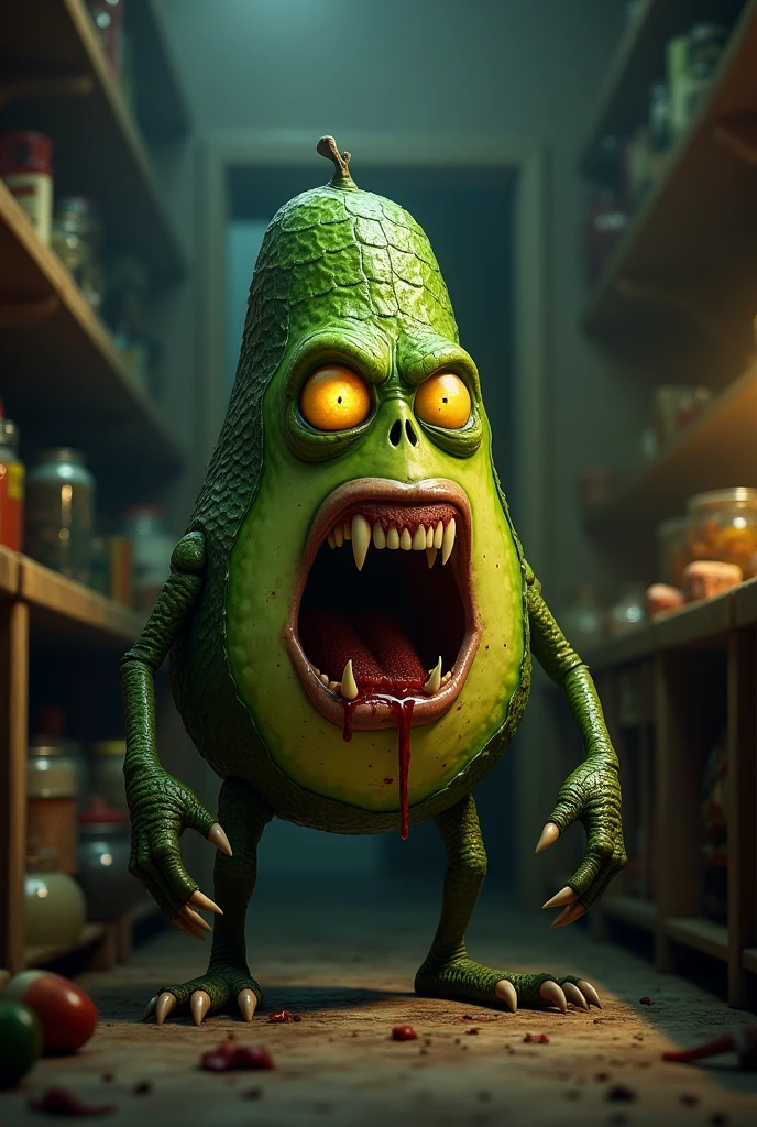 Transform an avocado into a character with monster features. Give it a terrifying or peculiar appearance by adding details like fangs., claws, eyes
large, etc. 