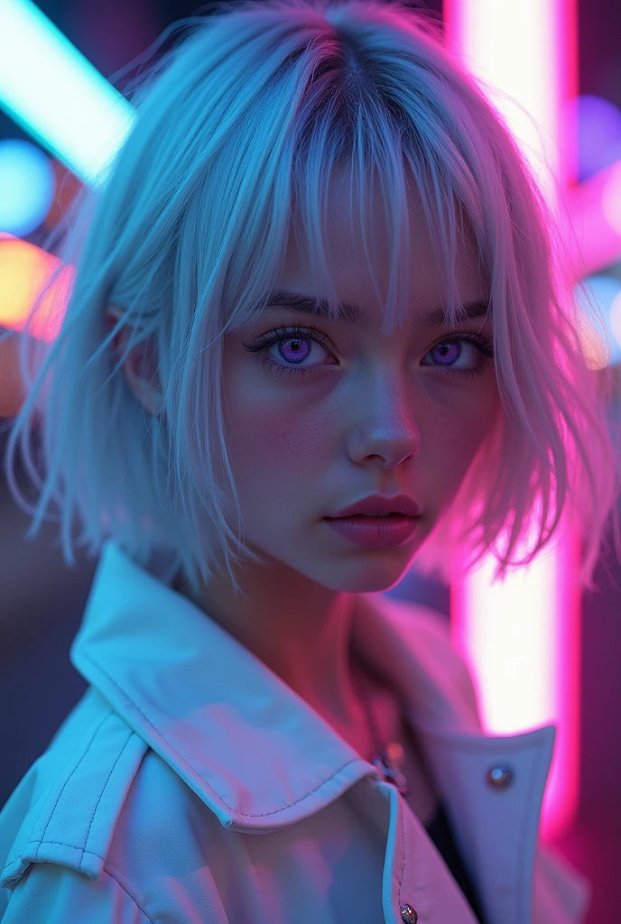 (masterpiece:1.3), (8K、photorealistic, Raw photo, best quality:1.4), (1 girl), (solo), (cute, little:1.5), (very cute face:1.5), (Symmetrical perfect face), ((beautiful silver bob cut hairstyle)), bangs, hair is messy, (intense purple eyes, strong eye highlights, beautiful eyelashes), (nose blush:1.4), (flat chest:1.4), (small natural breasts:1.5), (beautiful thighs), perfect anatomy, glowing skin, (high detail skin: 1.2), dynamic angle, (Stylishly designed white jacket with a patch, White tube top bra, black tight panties, Metal belt in linear configuration, exposed thighs, Finely crafted metal accessories, black choker, Short black boots), accurate arm, five fingers, accurate legs, black metal ornaments, (Decadent and futuristic urban background in the evening), (cyberpunk background, blade runner), (Flashing blue and purple neon tubes), volume lighting, soft light, bright, Bright colors, realistic, highest quality, photo-realistic, upper body close-up