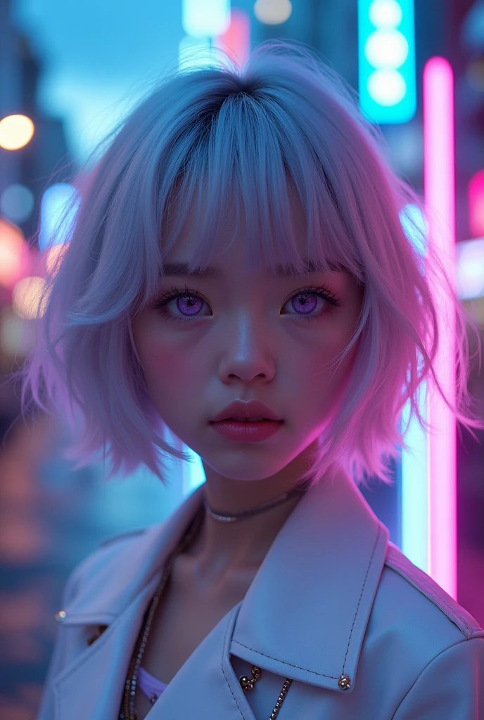 (masterpiece:1.3), (8K、photorealistic, Raw photo, best quality:1.4), (1 girl), (solo), (cute, little:1.5), (very cute face:1.5), (Symmetrical perfect face), ((beautiful silver bob cut hairstyle)), bangs, hair is messy, (intense purple eyes, strong eye highlights, beautiful eyelashes), (nose blush:1.4), (flat chest:1.4), (small natural breasts:1.5), (beautiful thighs), perfect anatomy, glowing skin, (high detail skin: 1.2), dynamic angle, (Stylishly designed white jacket with a patch, White tube top bra, black tight panties, Metal belt in linear configuration, exposed thighs, Finely crafted metal accessories, black choker, Short black boots), accurate arm, five fingers, accurate legs, black metal ornaments, (Decadent and futuristic urban background in the evening), (cyberpunk background, blade runner), (Flashing blue and purple neon tubes), volume lighting, soft light, bright, Bright colors, realistic, highest quality, photo-realistic, upper body close-up
