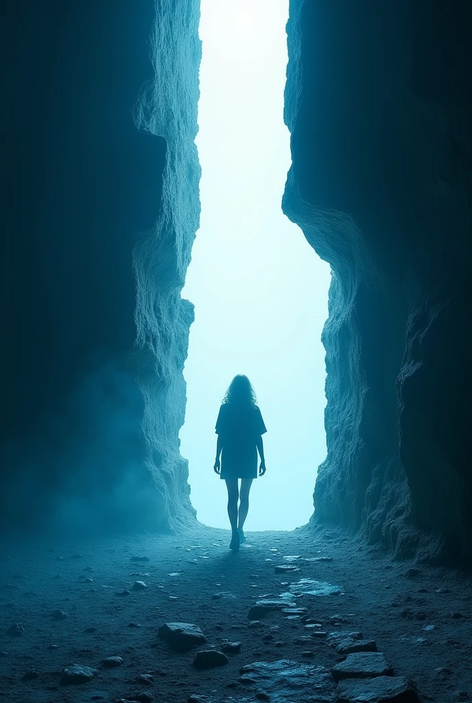 The silhouette of a person passing through a gigantic crack in a wall, where the white light is in the crack and the place where the person is leaving is in blue

