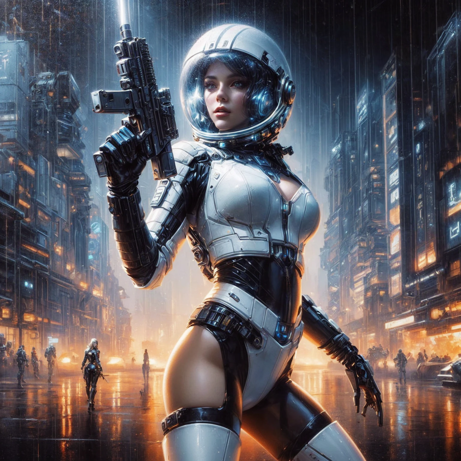 a close up of a woman in a shiny futuristic leather outfit holding a gun, scifi woman, portrait armored astronaut girl, tight rubber bodysuit, retrofuturistic female android, as a retro futuristic heroine, cyberpunk femme fatale, portrait beautiful sci - fi girl, sci fi art, cyberpunk women, scifi art, sci fi artwork, sci-fi fantasy art, sci-fi female, as a retrofuturistic heroine