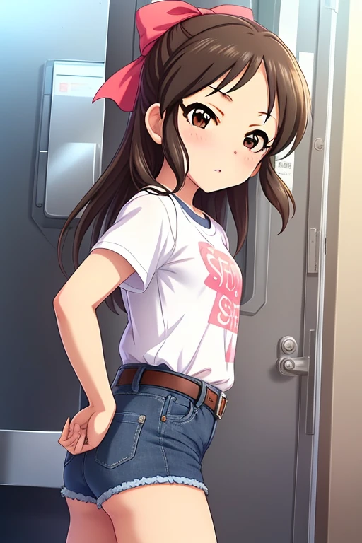 Tachibana Arisu, long hair, brown eyes, brown hair, bow, hair bow, blush, ribbon, looking at viewer, stand, hand own hips, white shirt, t-shirt, belt, denim shorts, shorts rolled up, from side