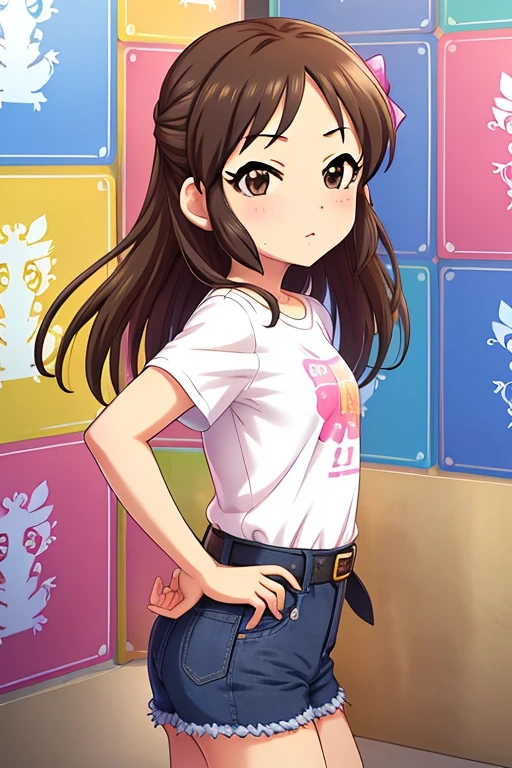 Tachibana Arisu, long hair, brown eyes, brown hair, bow, hair bow, blush, ribbon, looking at viewer, stand, hand own hips, white shirt, t-shirt, belt, denim shorts, shorts rolled up, from side