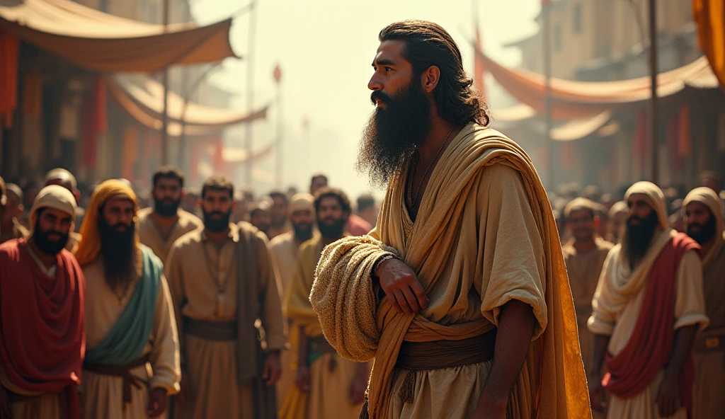 A picture of Jonah, peace be upon him, with a long beard and slightly long hair, wearing old clothes with a blanket, standing among the crowds of people, calling them to monotheism and to abandon the worship of idols.