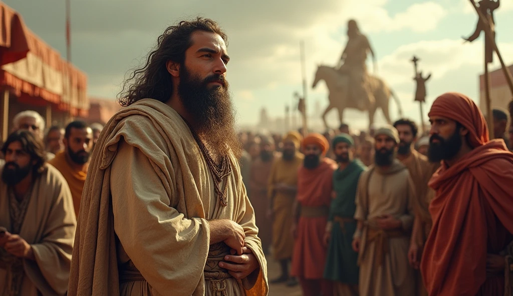 A picture of Jonah, peace be upon him, with a long beard and slightly long hair, wearing old clothes with a blanket, standing among the crowds of people, calling them to monotheism and to abandon the worship of idols. 