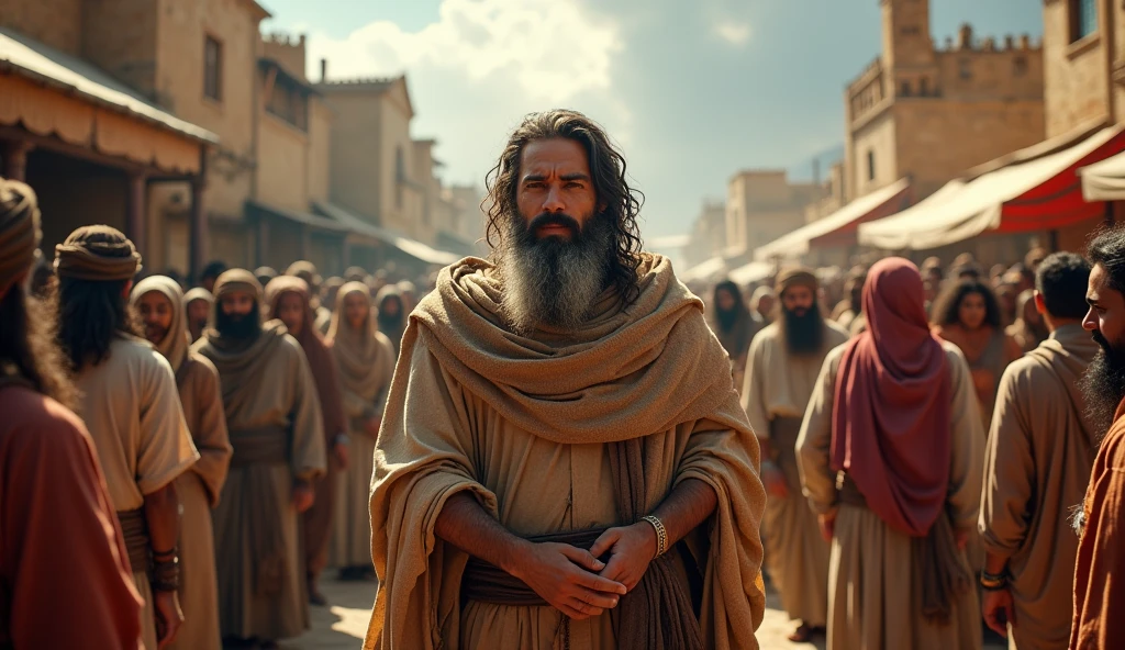A picture of Jonah, peace be upon him, with a long beard and slightly long hair, wearing old clothes with a blanket, standing among the crowds of people, calling them to monotheism and to abandon the worship of idols. 