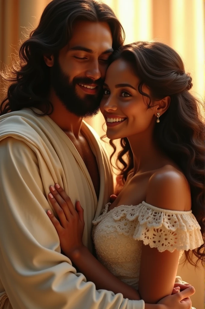 jesus abraçada comigo, I have brown skin, not so dark, curled hair, black and a little brown, brown dark eyes, and a beautiful smile, without crooked teeth, a beautiful garment, in the princess style, dainty, My hair is long, my nose is not so thin and it's not so big either, I would like it to be a moment of encounter with Him, jesus 