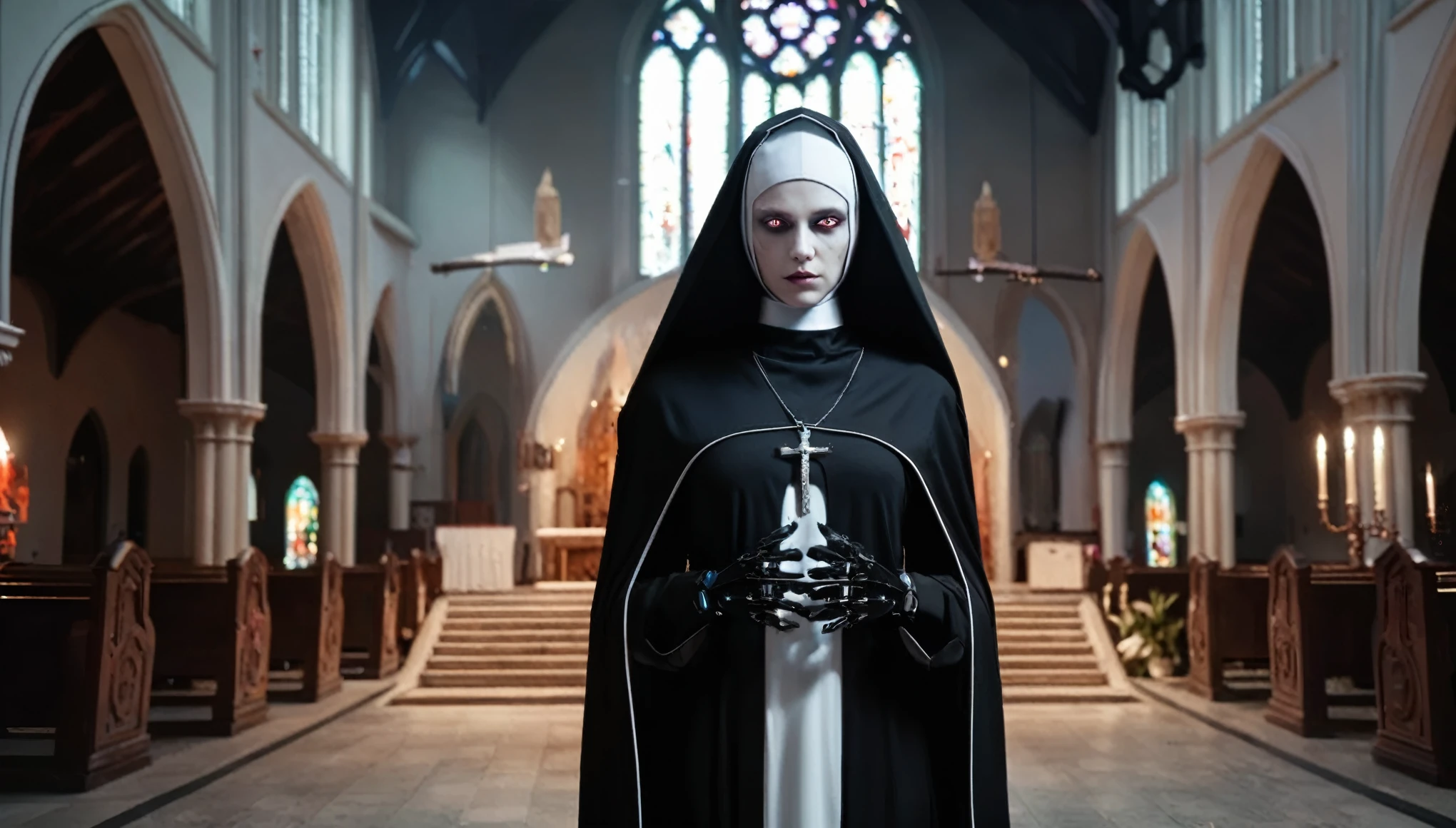ral-opal, meahophontron, full body, woman robot face, devil nun, negro, looking at camera, body nun clothes (DARK CHURCH ENVIRONMENT)