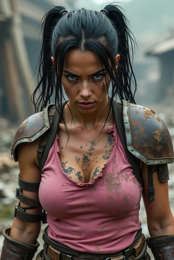 Woman warrior、Tired look、Remains、Upper body close-up、Torn pink clothes、Face with scars、Body with wounds、Shingard、Knee pads、(Dirty shoulder armor)、Messy black hair、Elbow pads、gloves、belt、Trained biceps、Twin tails、Realistic